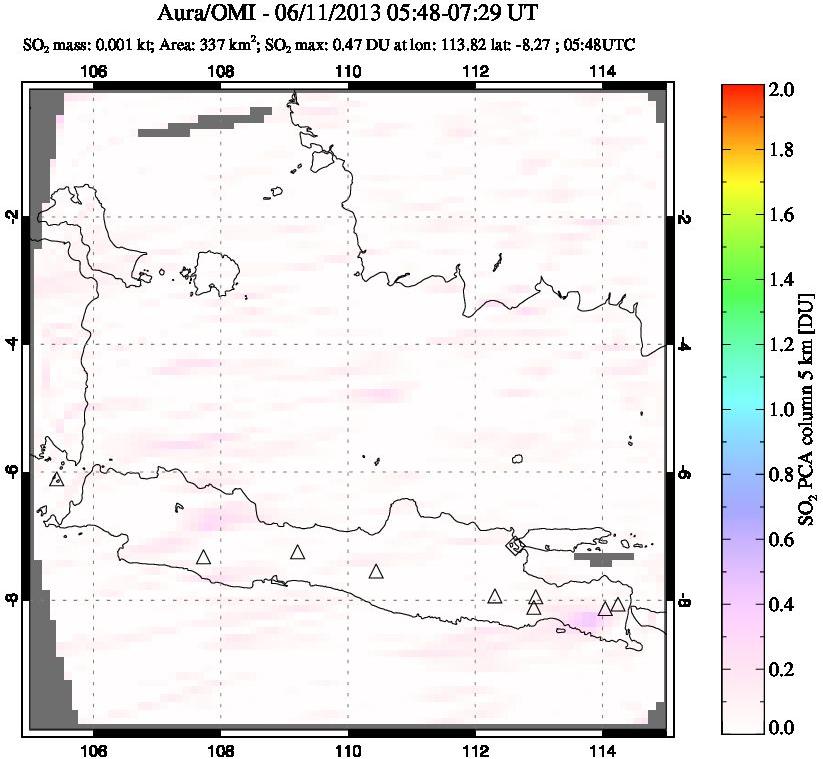 A sulfur dioxide image over Java, Indonesia on Jun 11, 2013.
