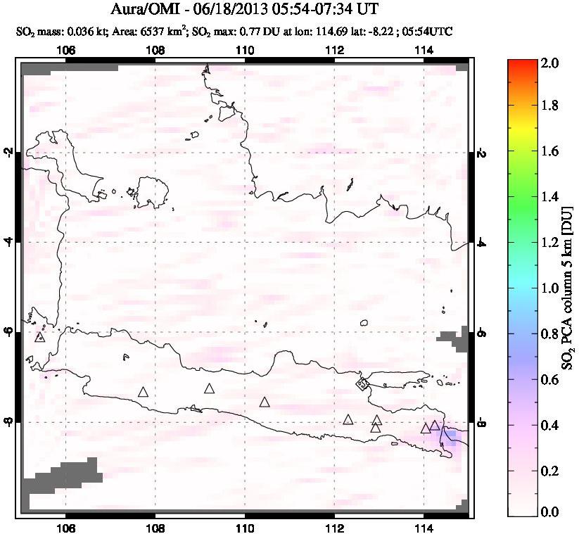 A sulfur dioxide image over Java, Indonesia on Jun 18, 2013.