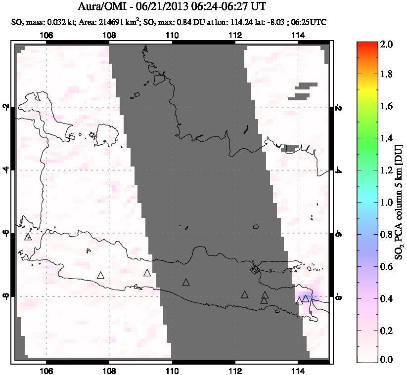 A sulfur dioxide image over Java, Indonesia on Jun 21, 2013.