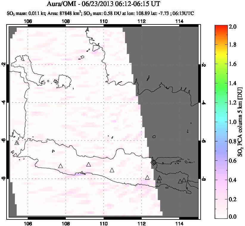 A sulfur dioxide image over Java, Indonesia on Jun 23, 2013.
