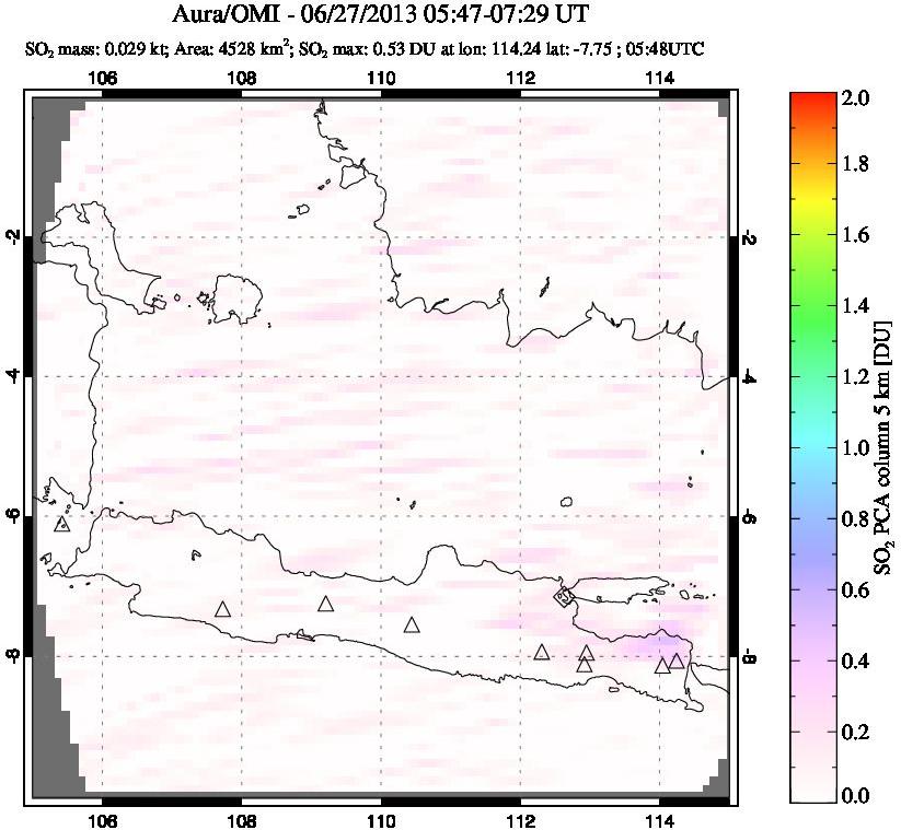 A sulfur dioxide image over Java, Indonesia on Jun 27, 2013.