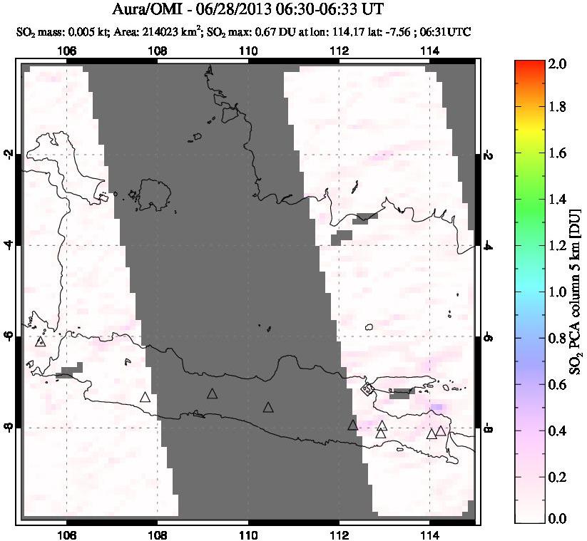A sulfur dioxide image over Java, Indonesia on Jun 28, 2013.