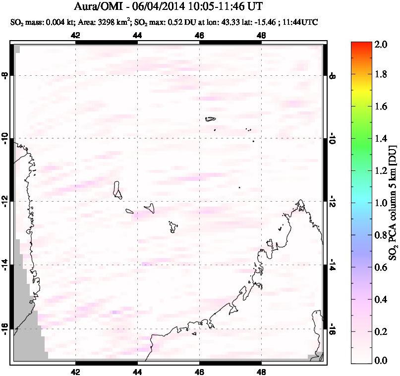 A sulfur dioxide image over Comoro Islands on Jun 04, 2014.