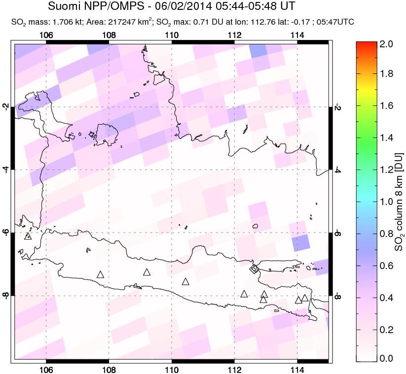 A sulfur dioxide image over Java, Indonesia on Jun 02, 2014.