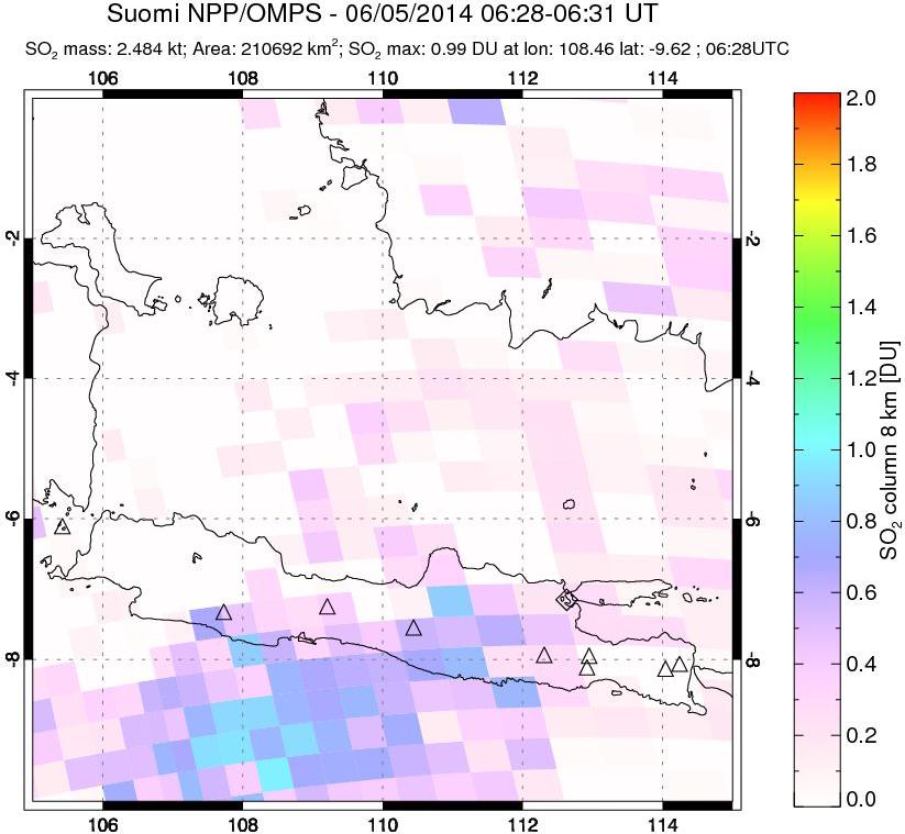 A sulfur dioxide image over Java, Indonesia on Jun 05, 2014.