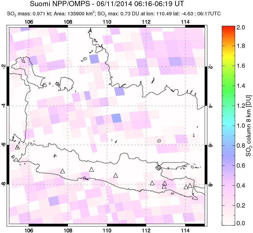 A sulfur dioxide image over Java, Indonesia on Jun 11, 2014.
