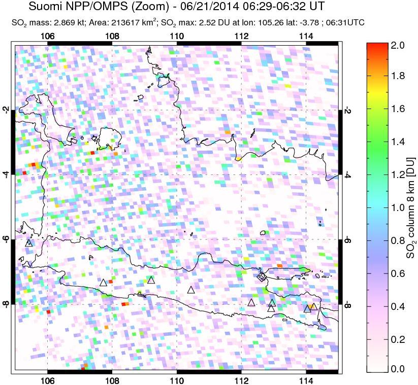 A sulfur dioxide image over Java, Indonesia on Jun 21, 2014.