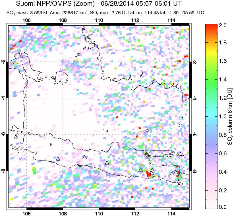 A sulfur dioxide image over Java, Indonesia on Jun 28, 2014.