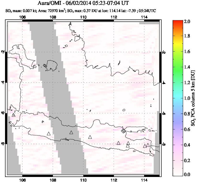 A sulfur dioxide image over Java, Indonesia on Jun 02, 2014.