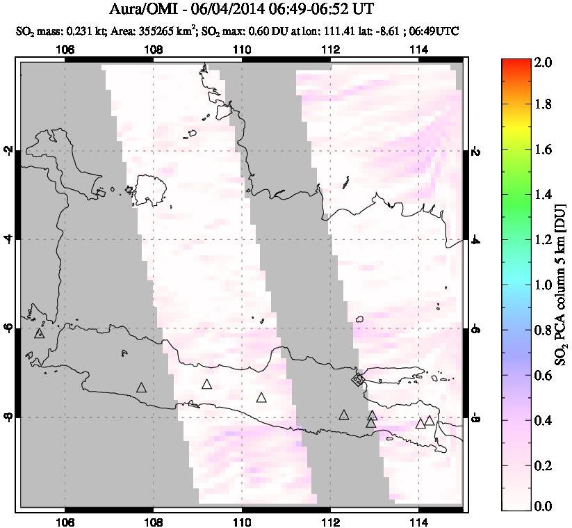 A sulfur dioxide image over Java, Indonesia on Jun 04, 2014.