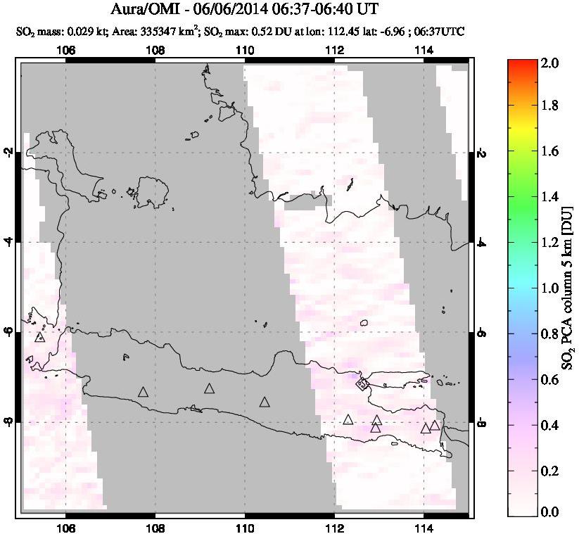 A sulfur dioxide image over Java, Indonesia on Jun 06, 2014.