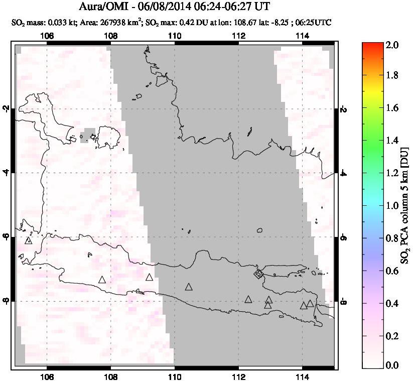 A sulfur dioxide image over Java, Indonesia on Jun 08, 2014.