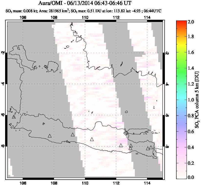 A sulfur dioxide image over Java, Indonesia on Jun 13, 2014.