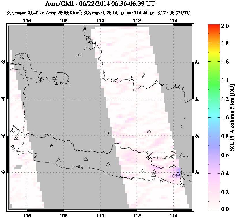 A sulfur dioxide image over Java, Indonesia on Jun 22, 2014.