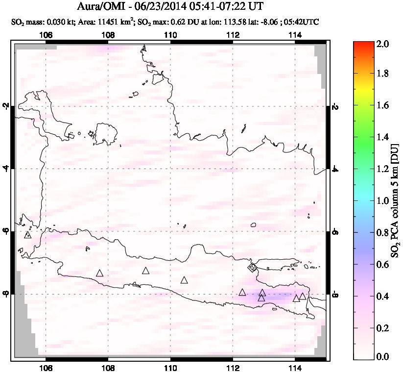 A sulfur dioxide image over Java, Indonesia on Jun 23, 2014.