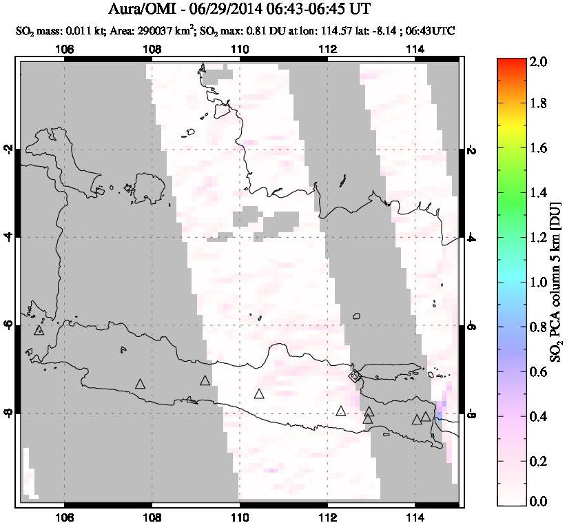 A sulfur dioxide image over Java, Indonesia on Jun 29, 2014.