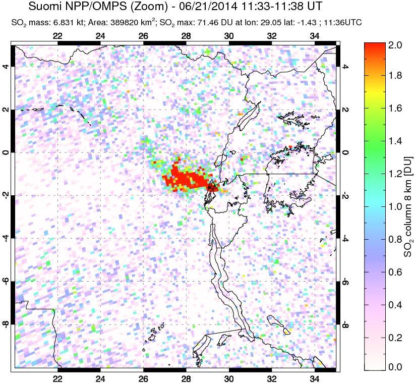 A sulfur dioxide image over Nyiragongo, DR Congo on Jun 21, 2014.