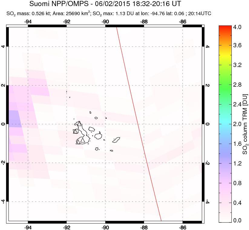 A sulfur dioxide image over Galápagos Islands on Jun 02, 2015.