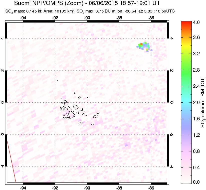 A sulfur dioxide image over Galápagos Islands on Jun 06, 2015.