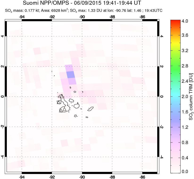 A sulfur dioxide image over Galápagos Islands on Jun 09, 2015.