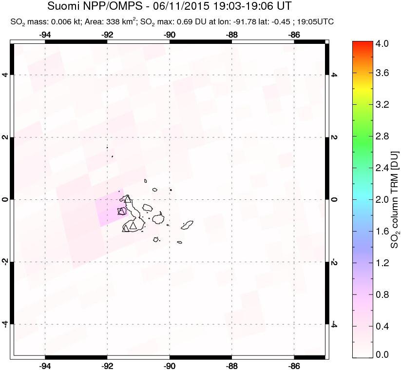 A sulfur dioxide image over Galápagos Islands on Jun 11, 2015.