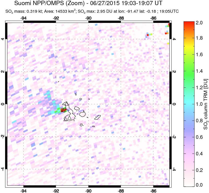 A sulfur dioxide image over Galápagos Islands on Jun 27, 2015.