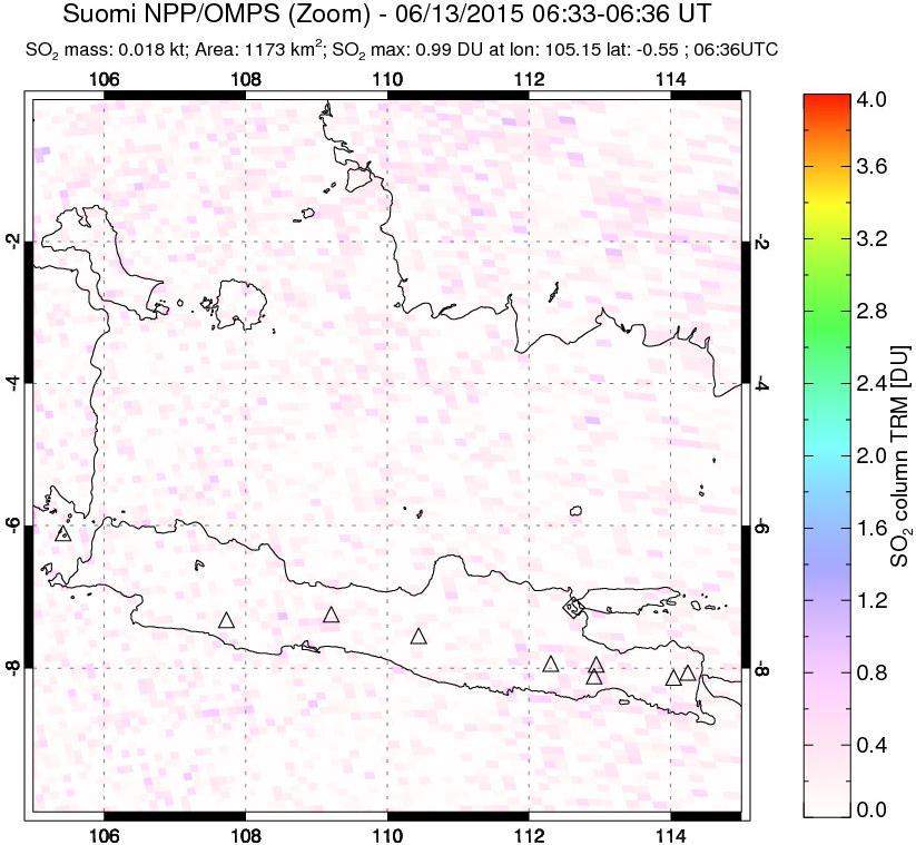 A sulfur dioxide image over Java, Indonesia on Jun 13, 2015.