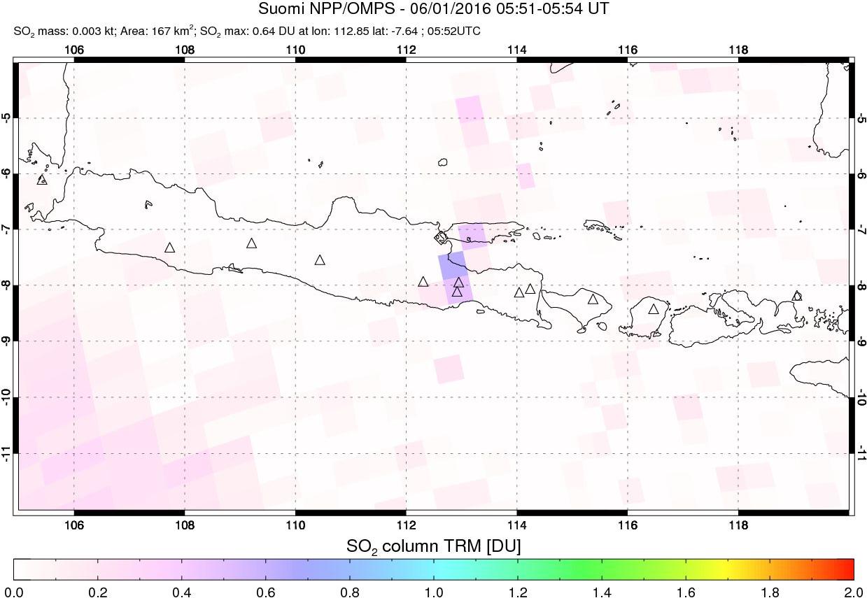 A sulfur dioxide image over Java, Indonesia on Jun 01, 2016.