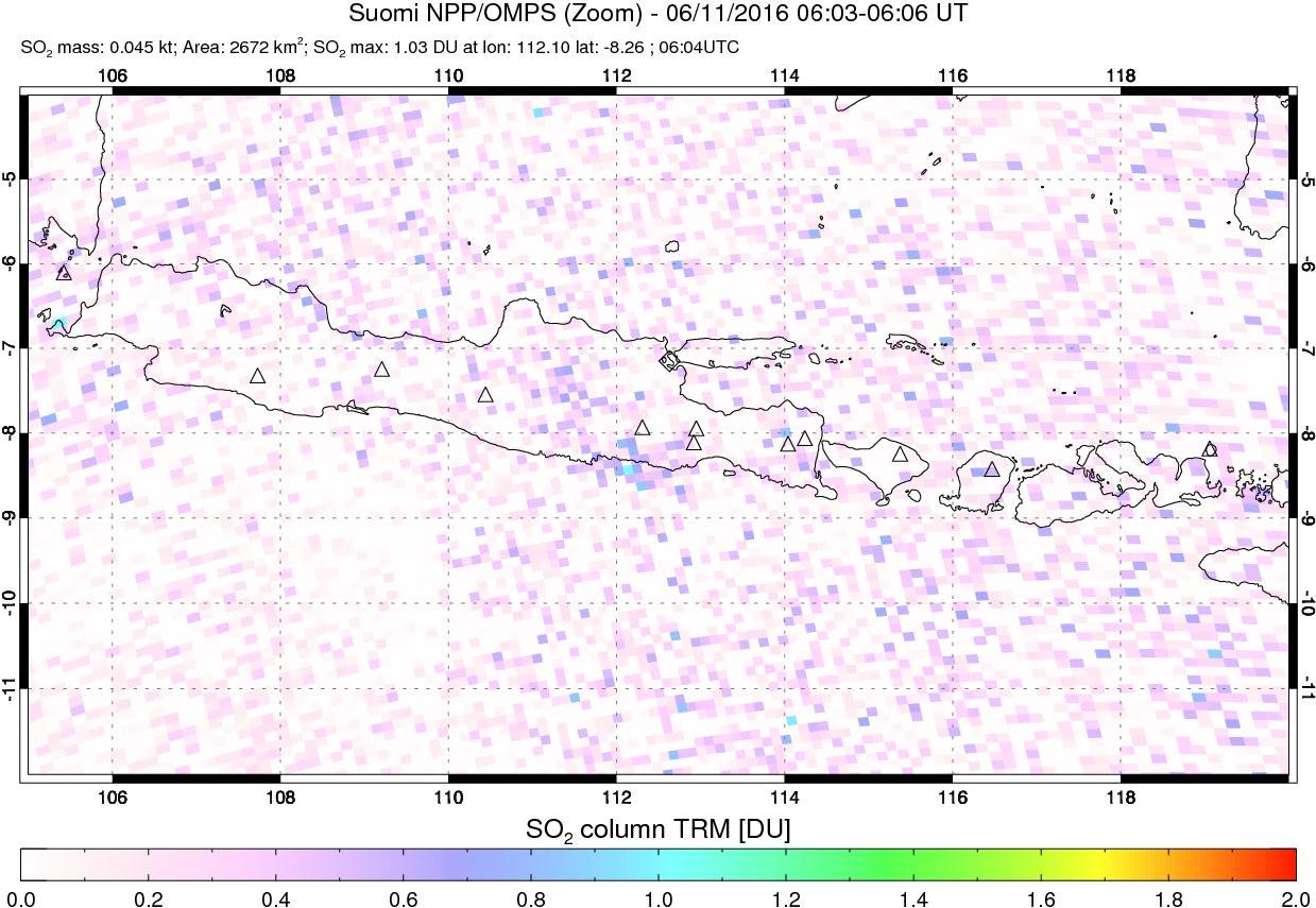 A sulfur dioxide image over Java, Indonesia on Jun 11, 2016.