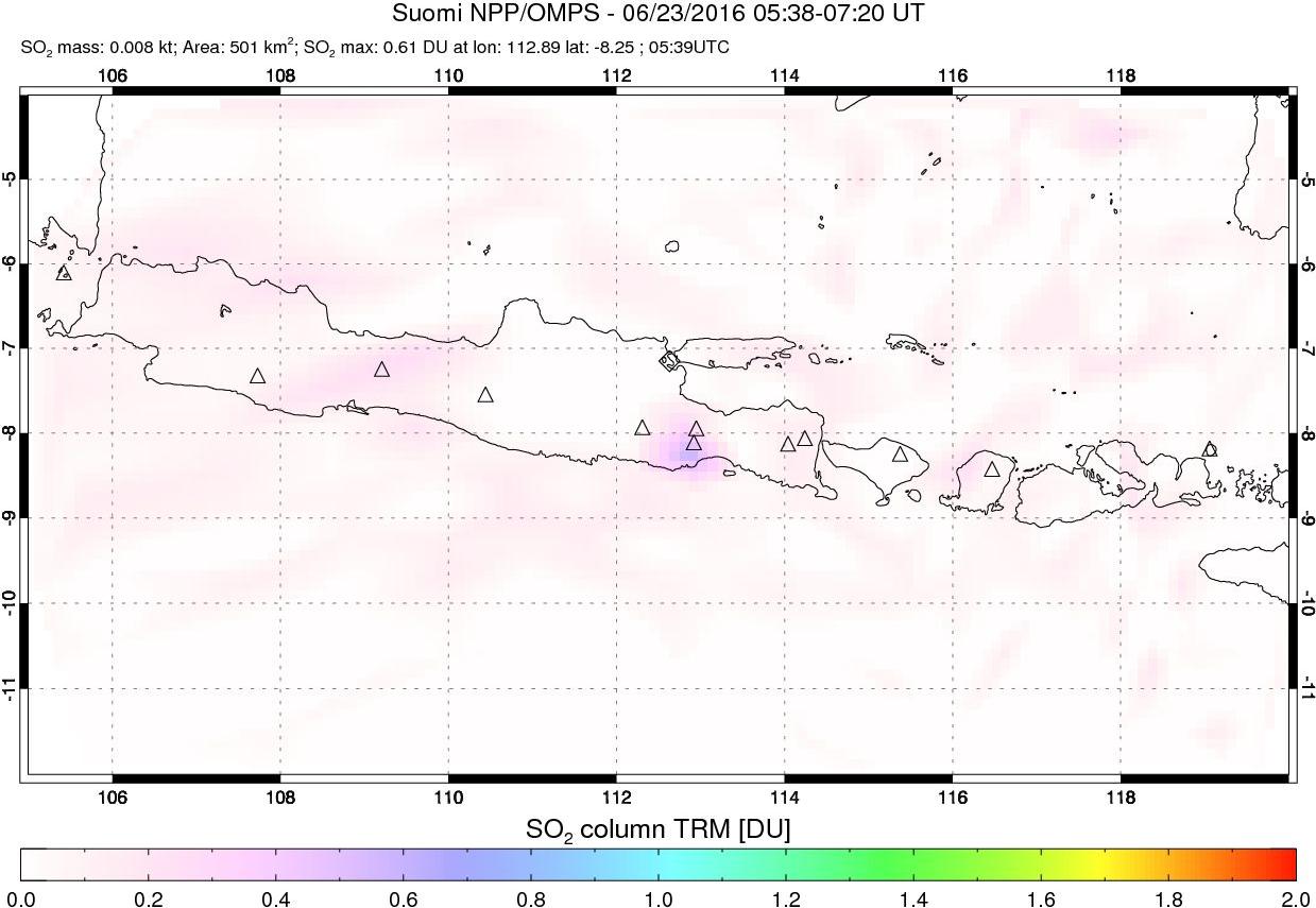 A sulfur dioxide image over Java, Indonesia on Jun 23, 2016.