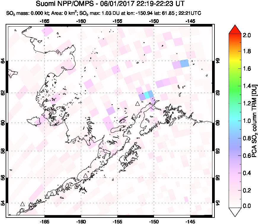 A sulfur dioxide image over Alaska, USA on Jun 01, 2017.