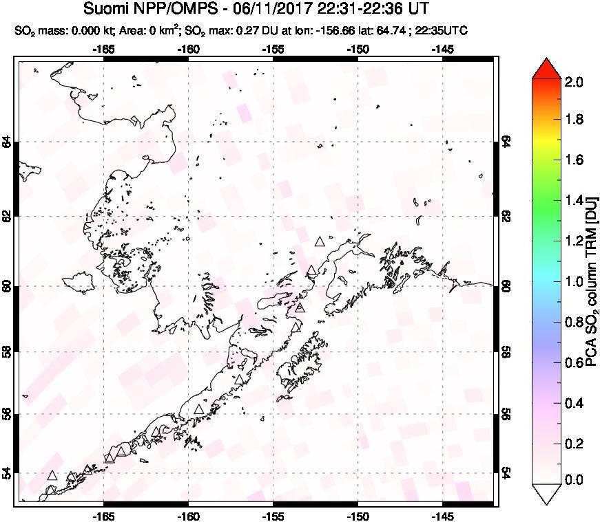 A sulfur dioxide image over Alaska, USA on Jun 11, 2017.