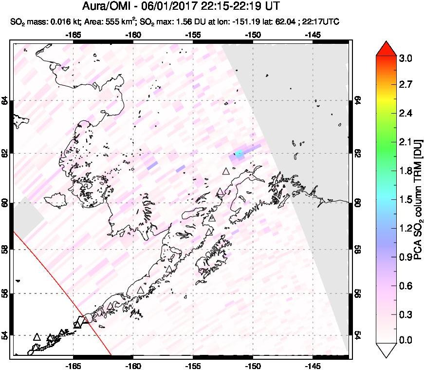 A sulfur dioxide image over Alaska, USA on Jun 01, 2017.