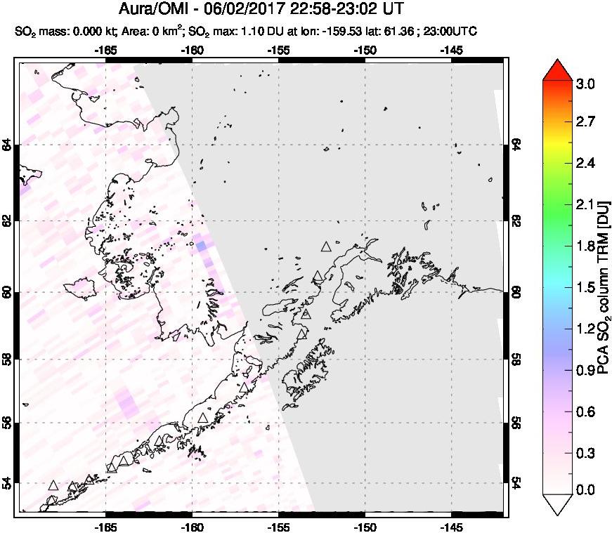 A sulfur dioxide image over Alaska, USA on Jun 02, 2017.