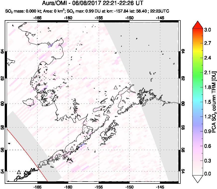 A sulfur dioxide image over Alaska, USA on Jun 08, 2017.