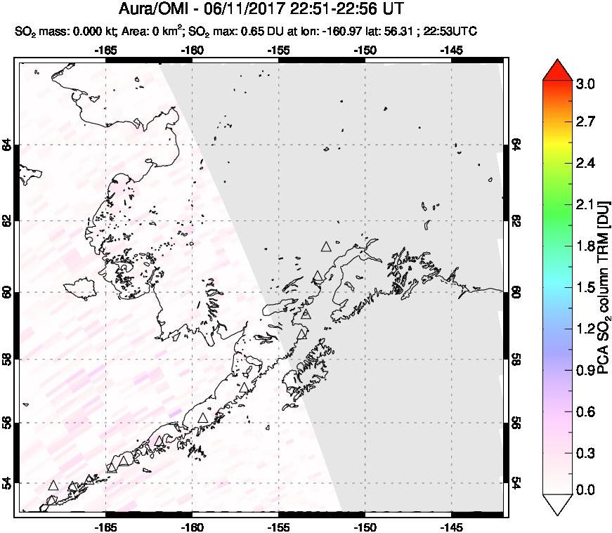 A sulfur dioxide image over Alaska, USA on Jun 11, 2017.