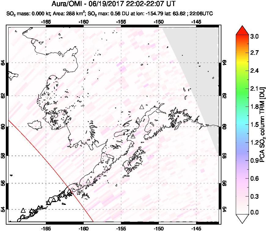 A sulfur dioxide image over Alaska, USA on Jun 19, 2017.