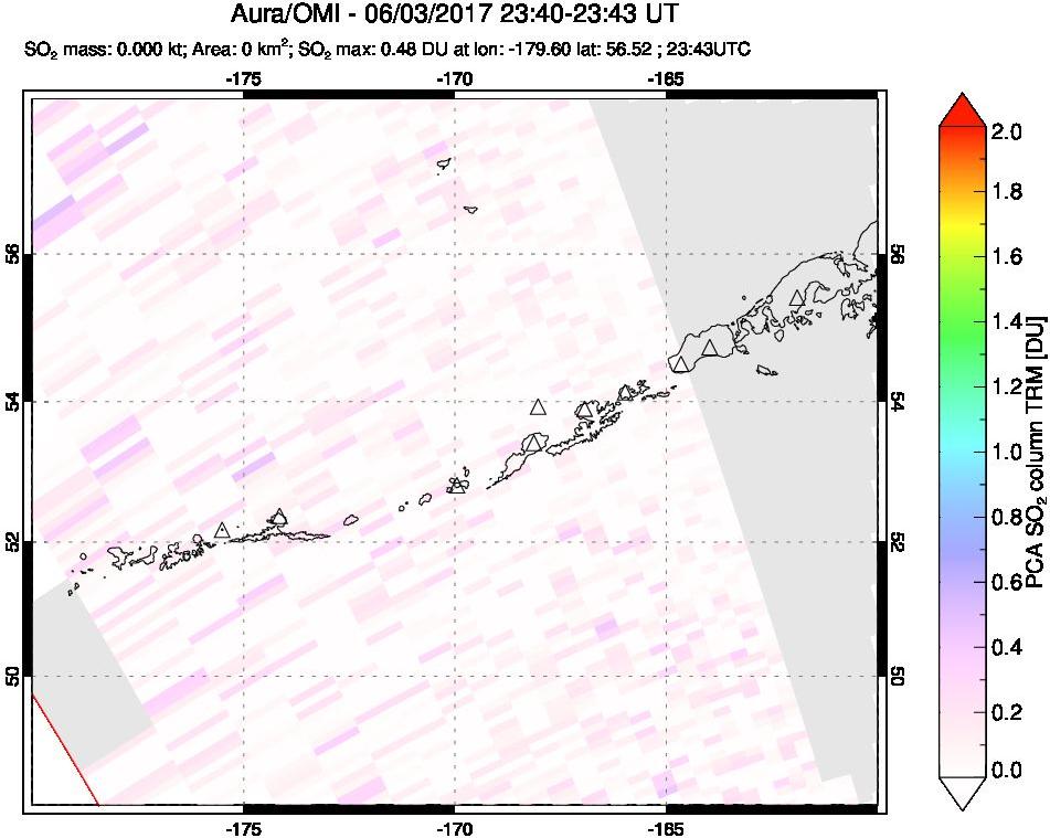 A sulfur dioxide image over Aleutian Islands, Alaska, USA on Jun 03, 2017.