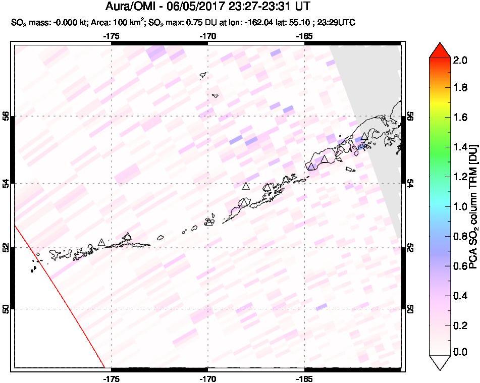 A sulfur dioxide image over Aleutian Islands, Alaska, USA on Jun 05, 2017.