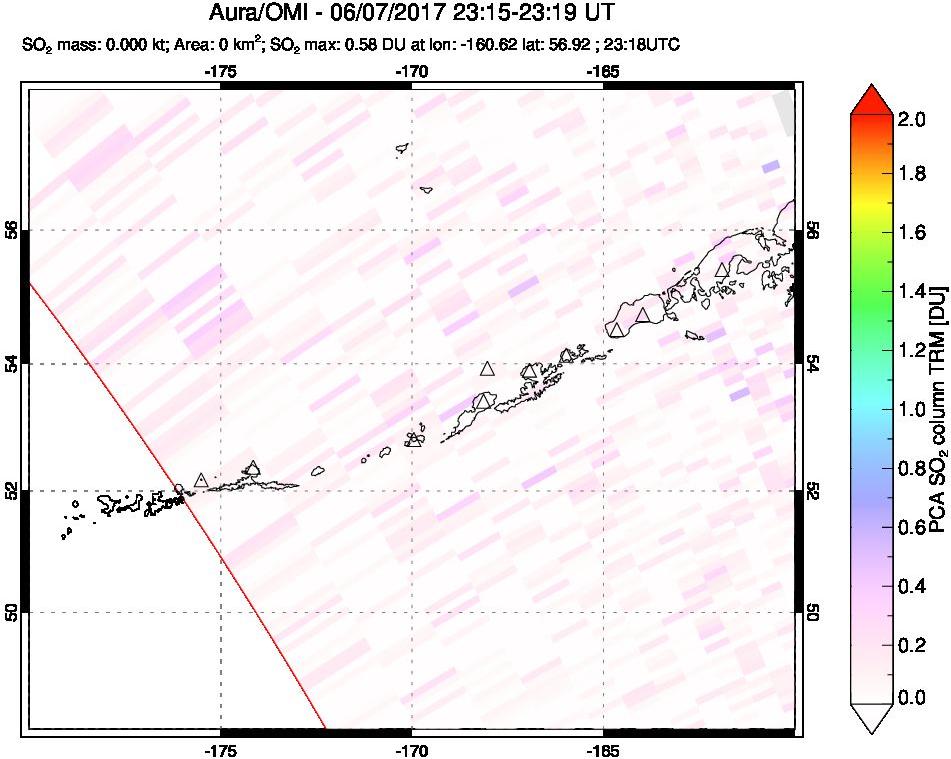 A sulfur dioxide image over Aleutian Islands, Alaska, USA on Jun 07, 2017.