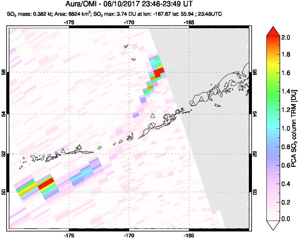 A sulfur dioxide image over Aleutian Islands, Alaska, USA on Jun 10, 2017.