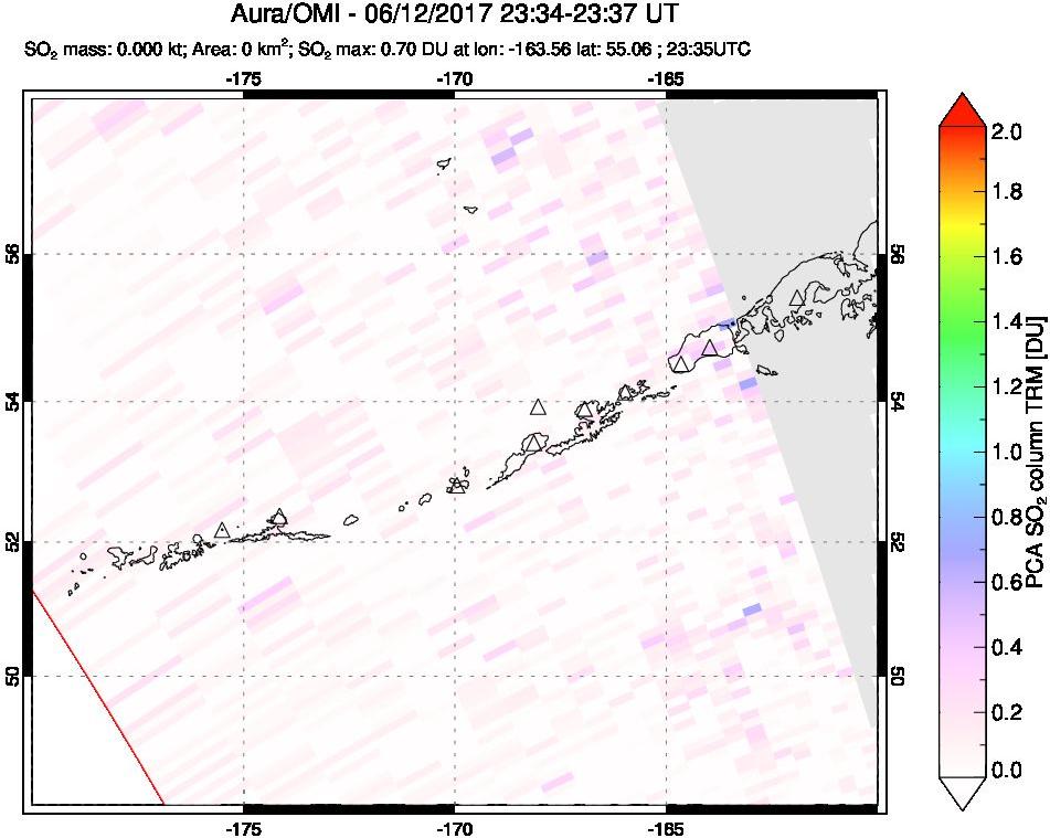 A sulfur dioxide image over Aleutian Islands, Alaska, USA on Jun 12, 2017.
