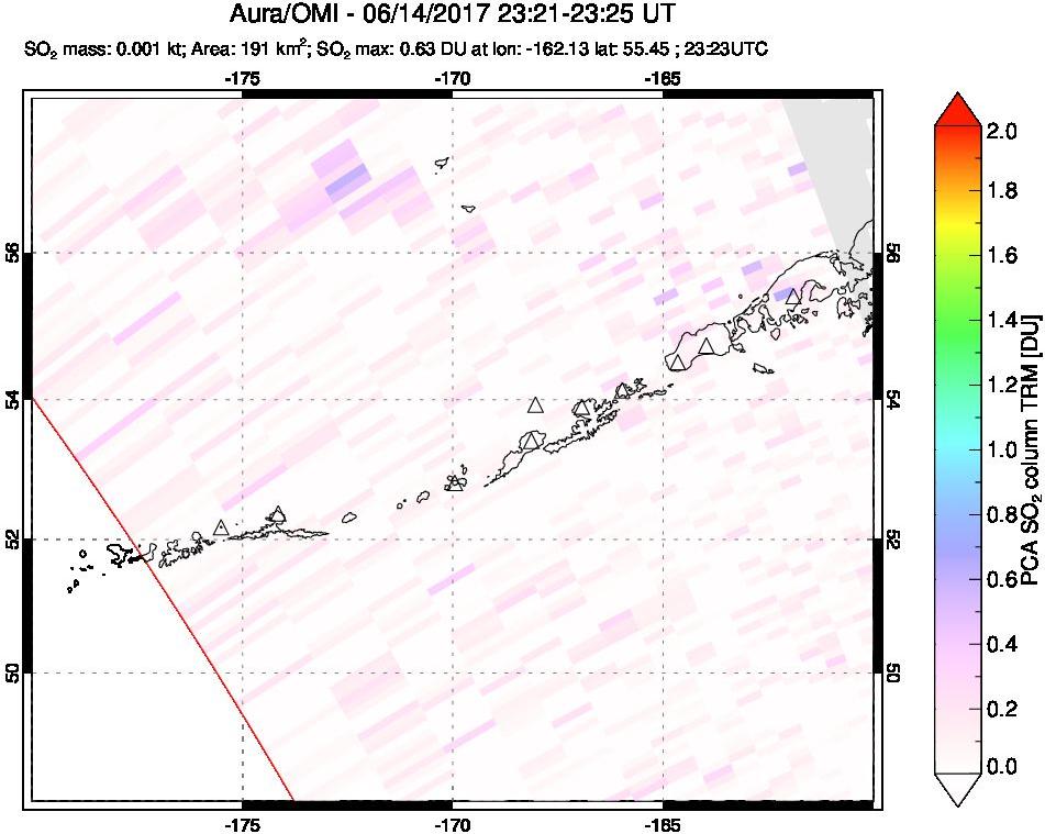 A sulfur dioxide image over Aleutian Islands, Alaska, USA on Jun 14, 2017.