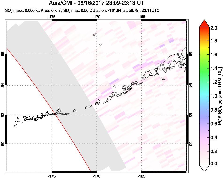 A sulfur dioxide image over Aleutian Islands, Alaska, USA on Jun 16, 2017.