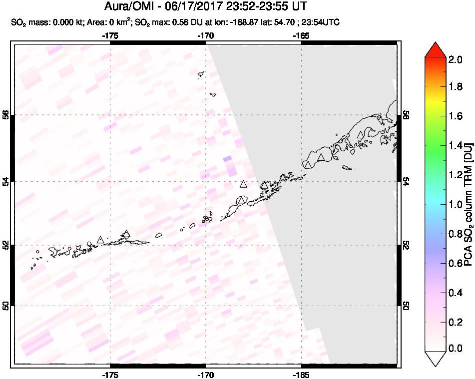 A sulfur dioxide image over Aleutian Islands, Alaska, USA on Jun 17, 2017.