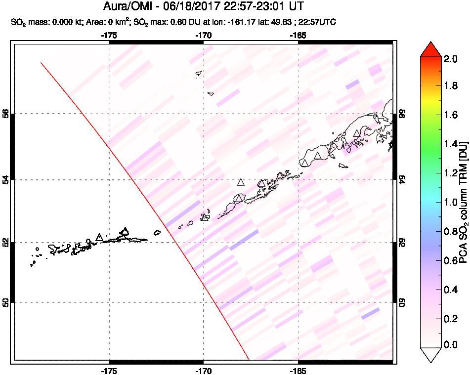 A sulfur dioxide image over Aleutian Islands, Alaska, USA on Jun 18, 2017.