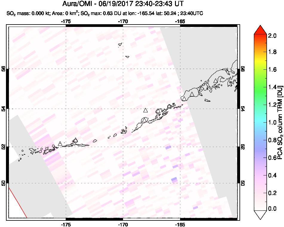 A sulfur dioxide image over Aleutian Islands, Alaska, USA on Jun 19, 2017.
