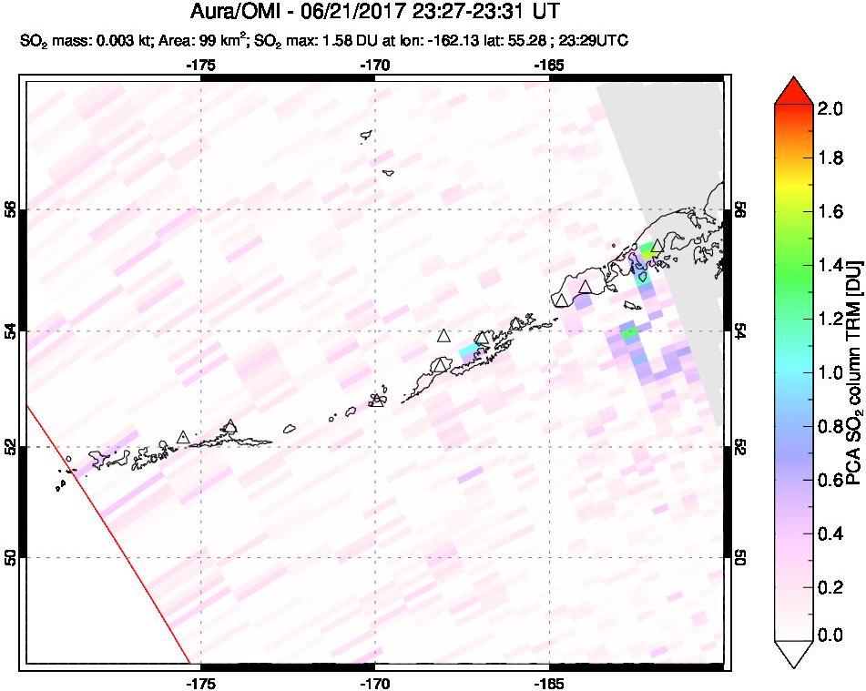 A sulfur dioxide image over Aleutian Islands, Alaska, USA on Jun 21, 2017.