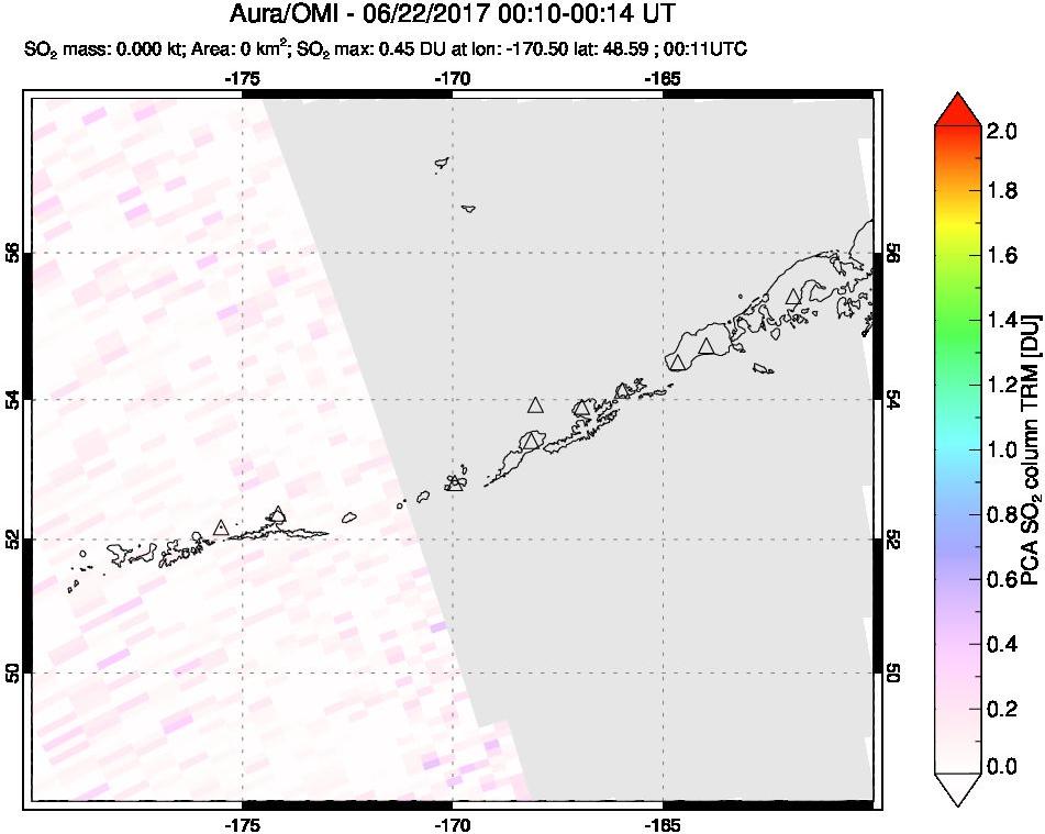 A sulfur dioxide image over Aleutian Islands, Alaska, USA on Jun 22, 2017.