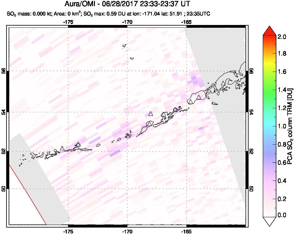 A sulfur dioxide image over Aleutian Islands, Alaska, USA on Jun 28, 2017.